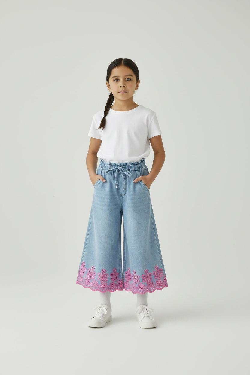 Denim Wide-Leg Pant With Floral Border