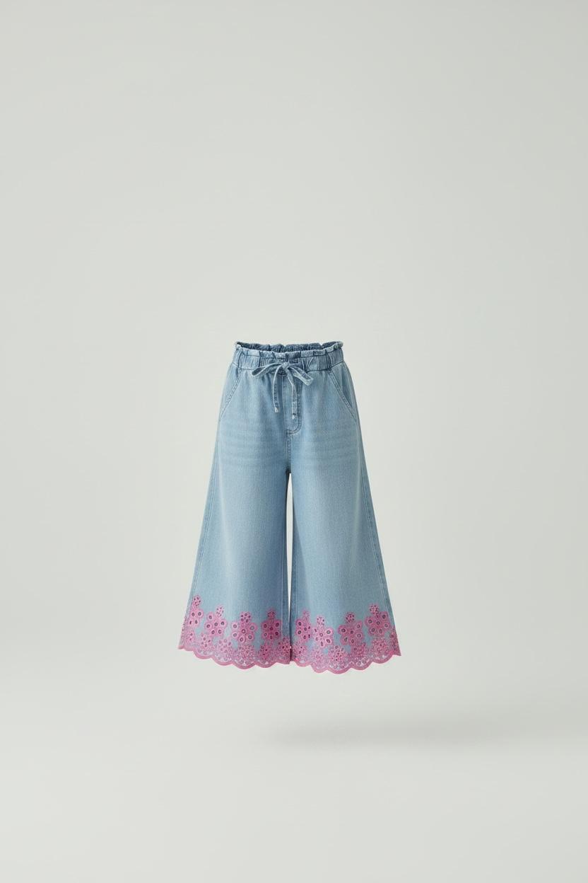 Denim Wide-Leg Pant With Floral Border