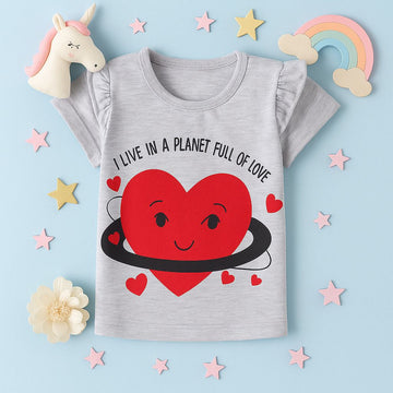 Love Planet: Light Gray T-Shirt with Heart Graphic and Ruffled Sleeves