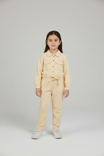 Cream Long Sleeve Jumpsuit with Tie Waist