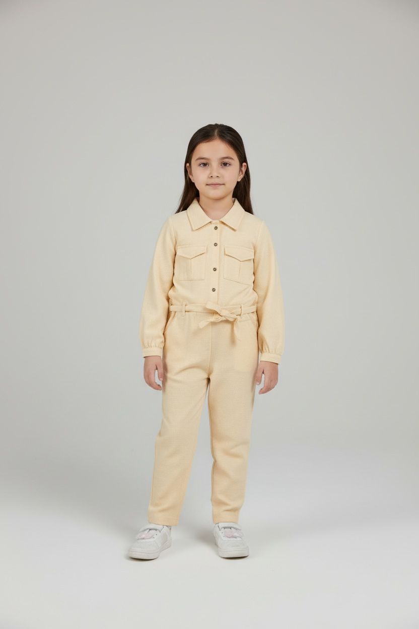 Cream Long Sleeve Jumpsuit with Tie Waist
