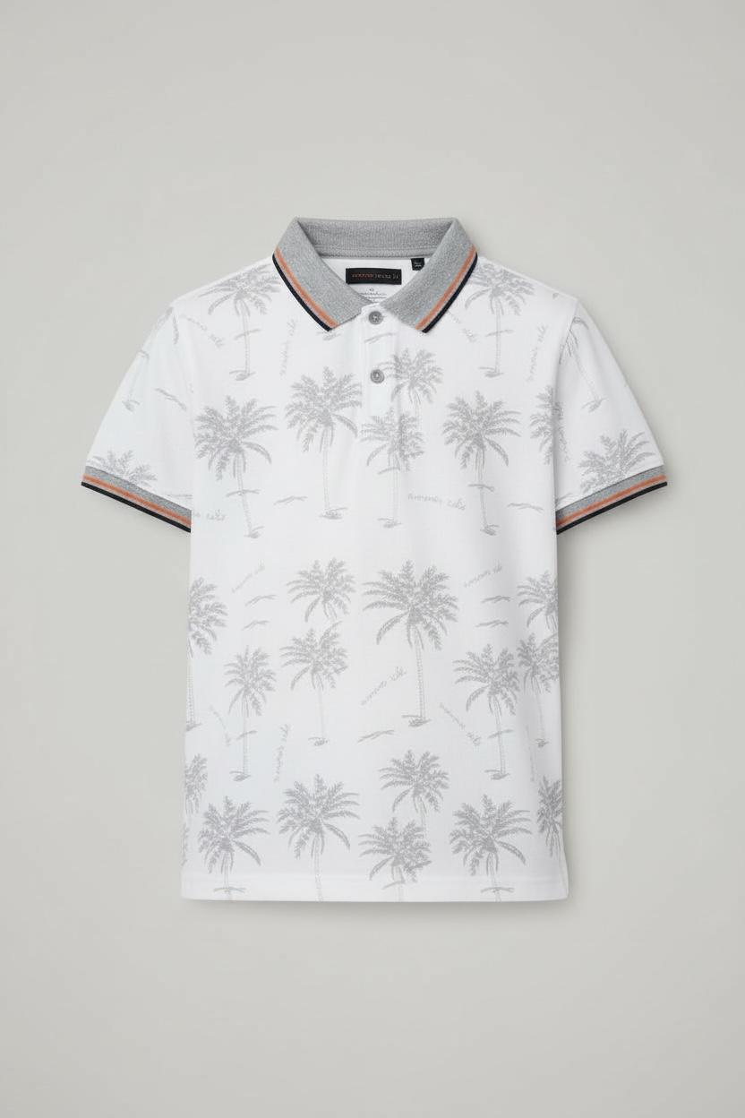 Monte Carlo Kids White Palm Tree Print Polo T-Shirt