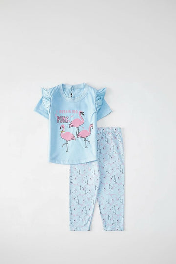 Flamingo Fun: Light Blue Pajama Set with Ruffled Sleeves