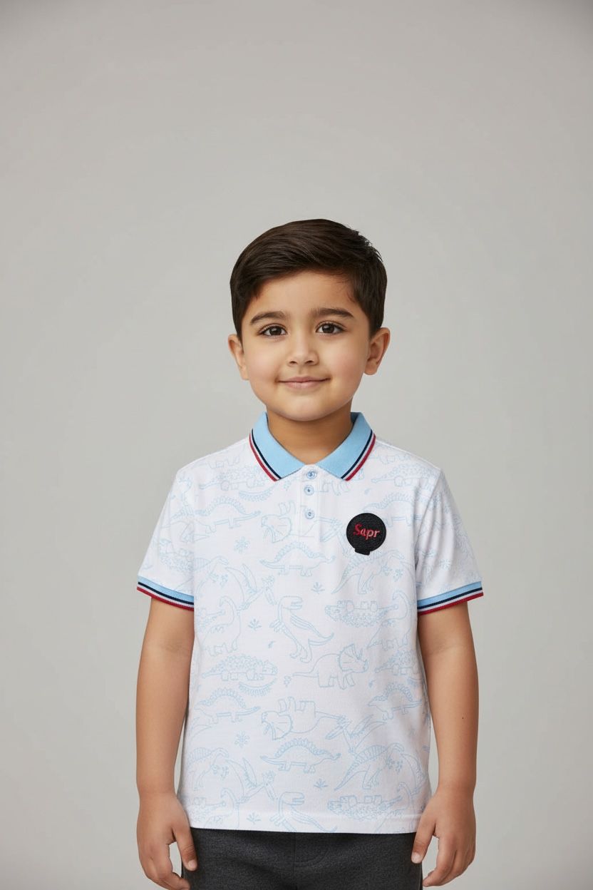 JuniorArm Boys' White Dinosaur Print Polo with Sky Blue Collar