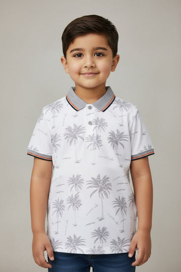Monte Carlo Kids White Palm Tree Print Polo T-Shirt