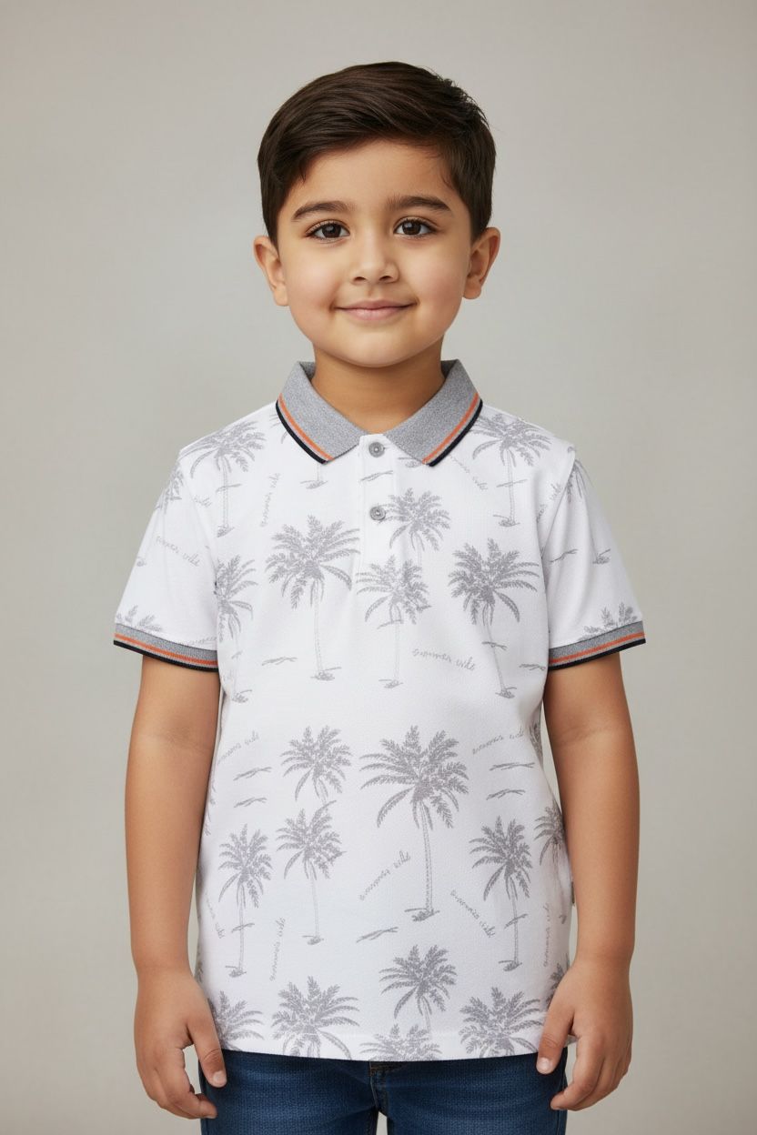 Monte Carlo Kids White Palm Tree Print Polo T-Shirt