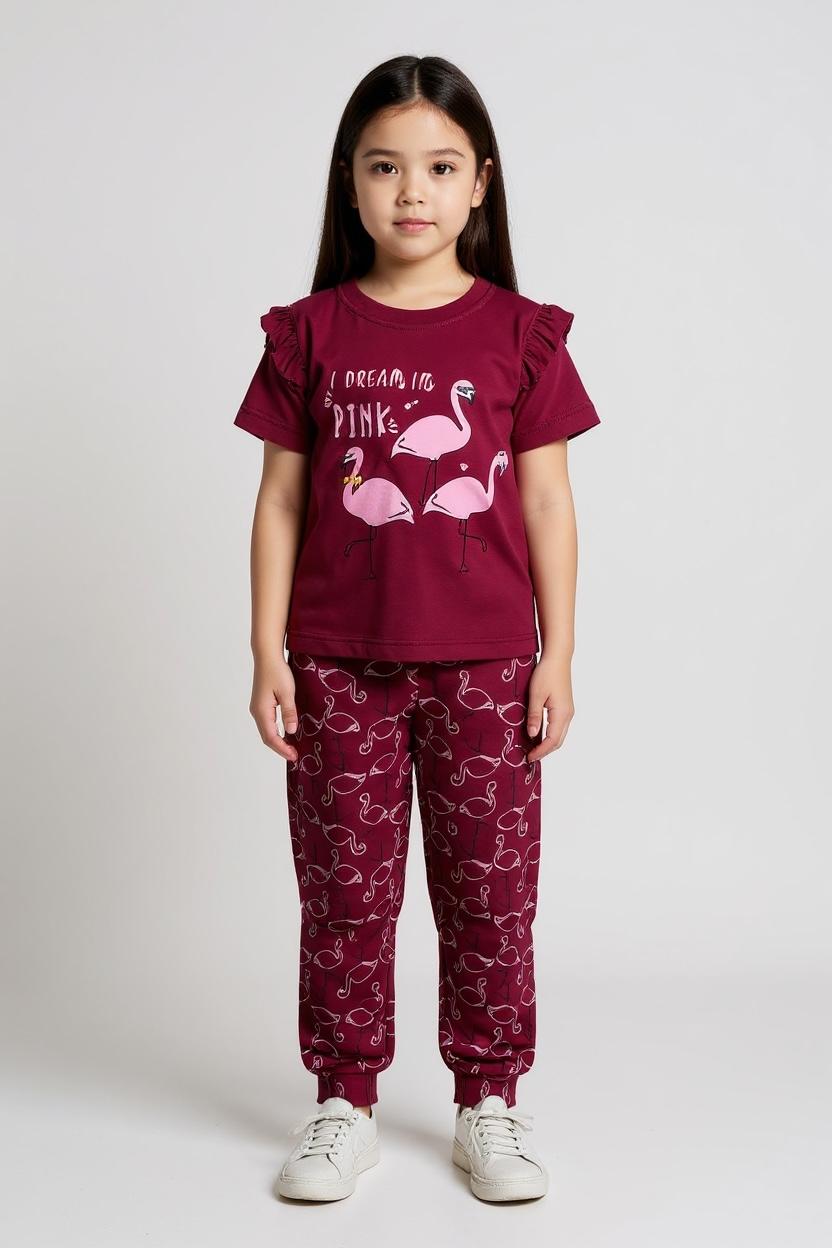 Flamingo Dreams: Maroon Pajama Set with Ruffled Sleeves