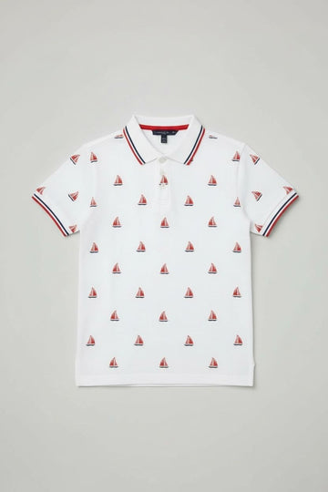 Boys' White Polo Shirt with Sailboat Print