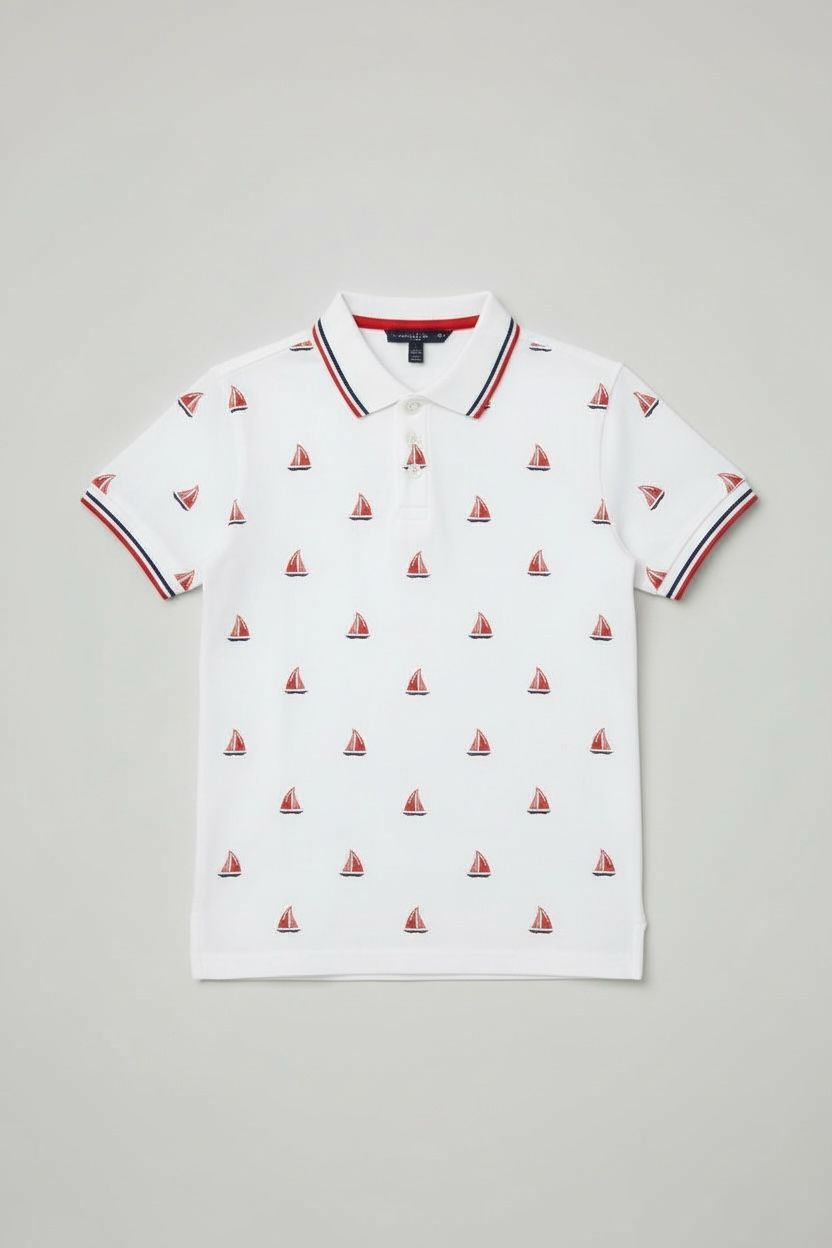 Boys' White Polo Shirt with Sailboat Print