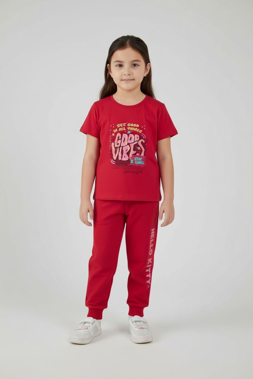 "Good Vibes" Red Pajama Set with Graphic Print